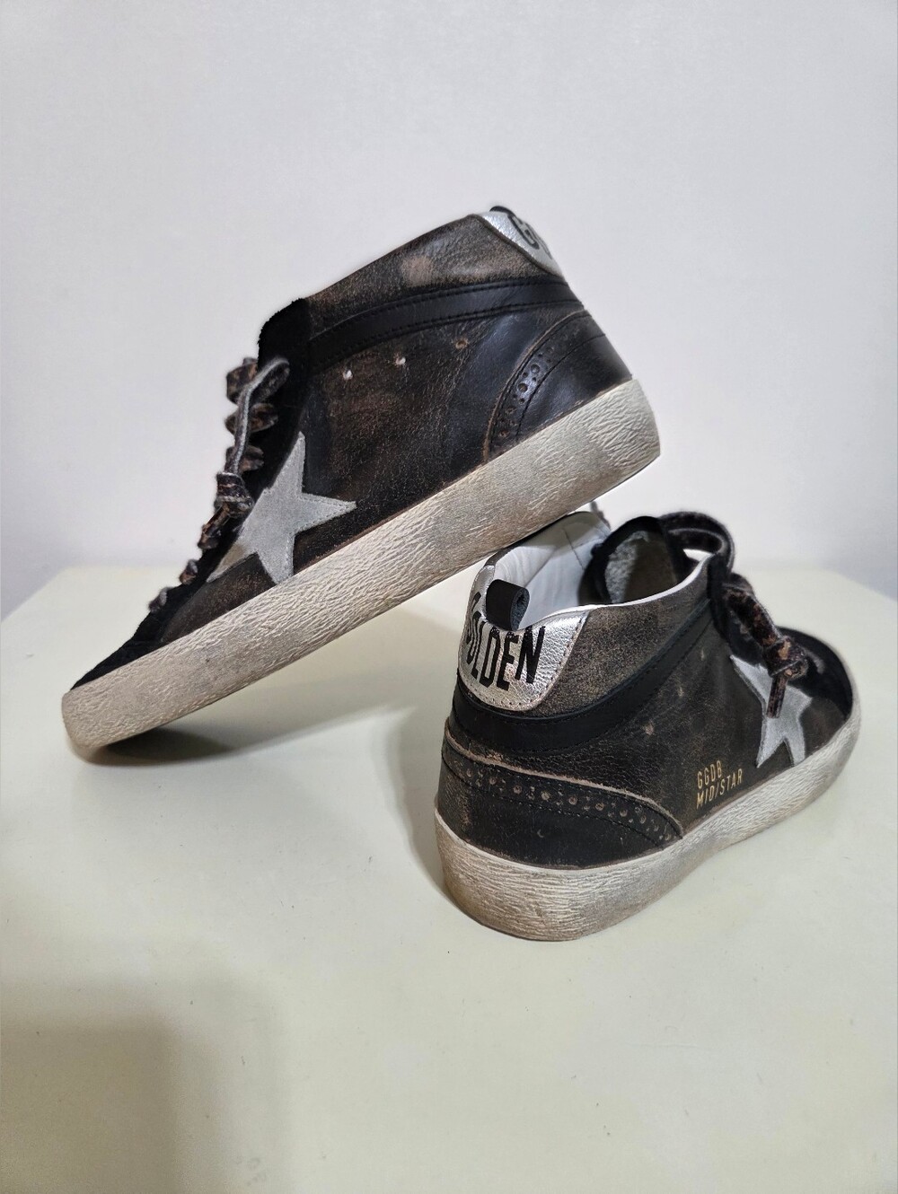 Golden Goose Women's MidStar Classic Black High-Top Sneakers With Cheetah Laces